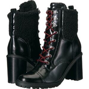 Nine West Phaedra Lace Up Black Leather Sherpa Top Boots 7.5M